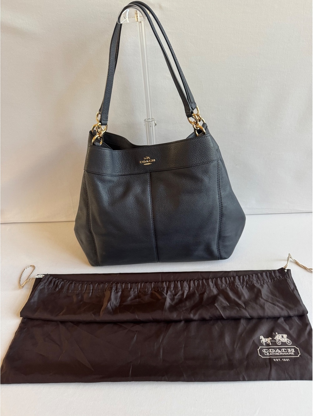 Coach Black Pebbled Leather Shoulder Bag Gold Chain Handles Hobo Purse F29501